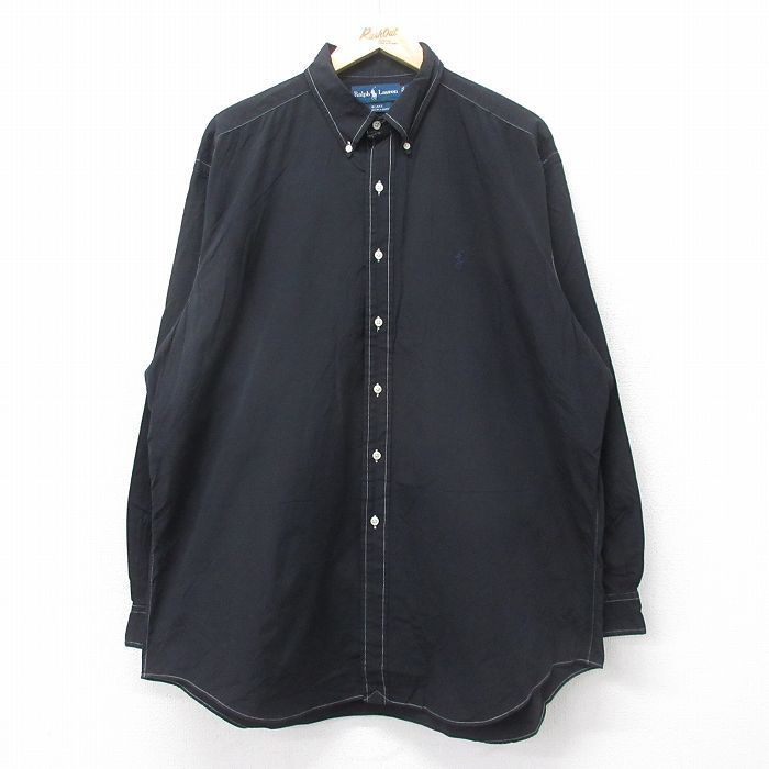 XL/古着 ラルフローレン 長袖 ブランド シャツ メンズ 90s ワンポイントロゴ BLAKE 大きいサイズ ロング丈 コットン ボタンダウン 黒 ブラ