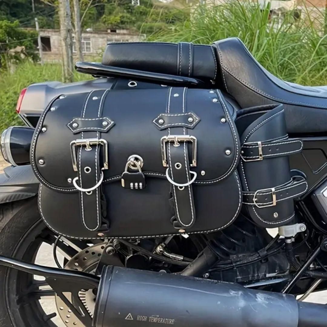 バイク サイドバッグ サドルバッグ レザー 大容量 耐水 ツーリングバッグ ボトルホルダー＆鍵付き