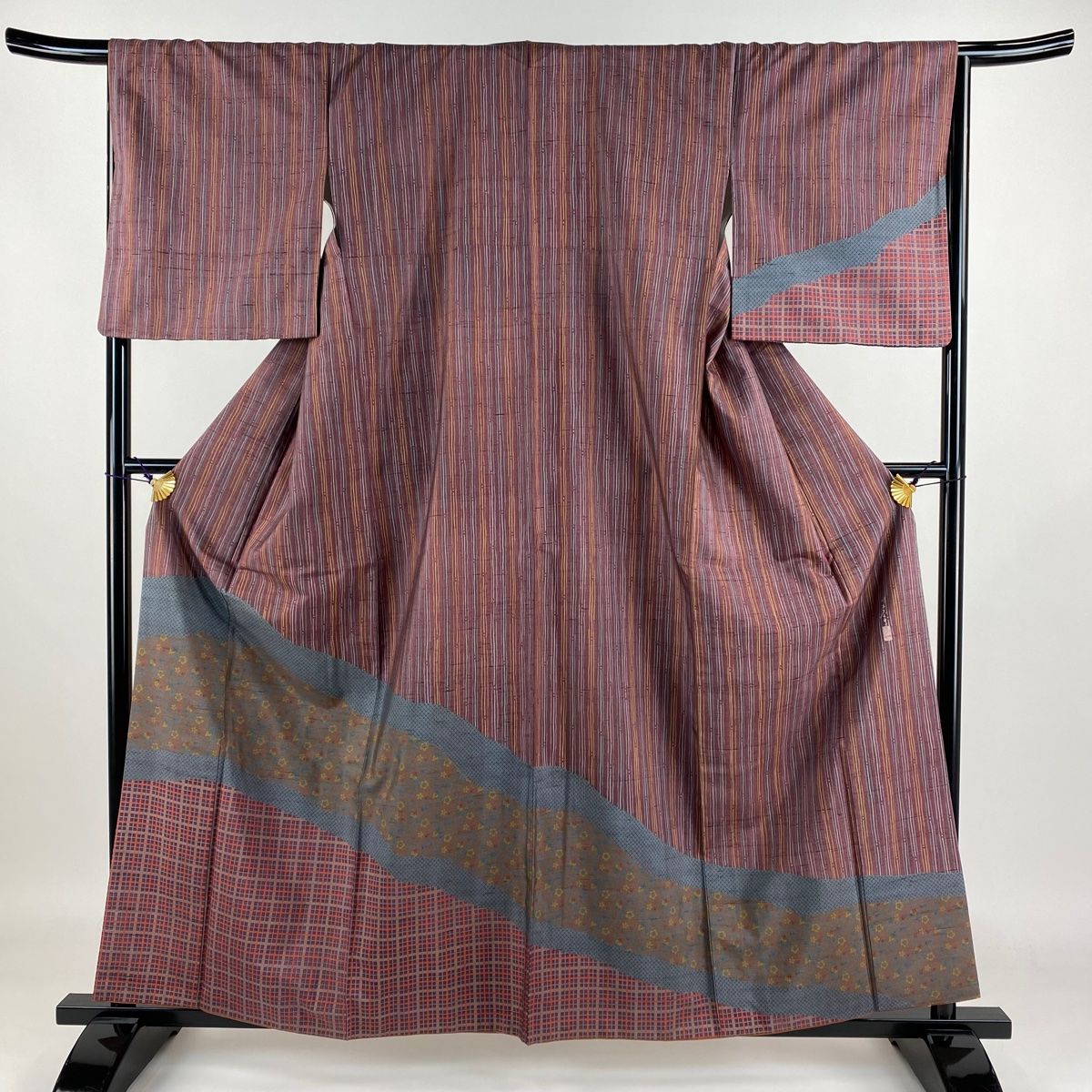 訪問着 身丈160cm 裄丈66.5cm M 袷 川村久太郎 紬地 落款 縞 花唐草 赤  