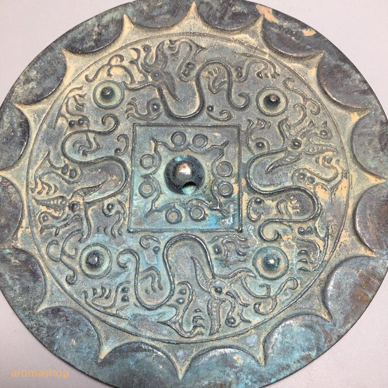 極美品 ！高品質！中国 銅器 純銅鏡 黄銅鏡 四竜守護黄銅鏡 青銅