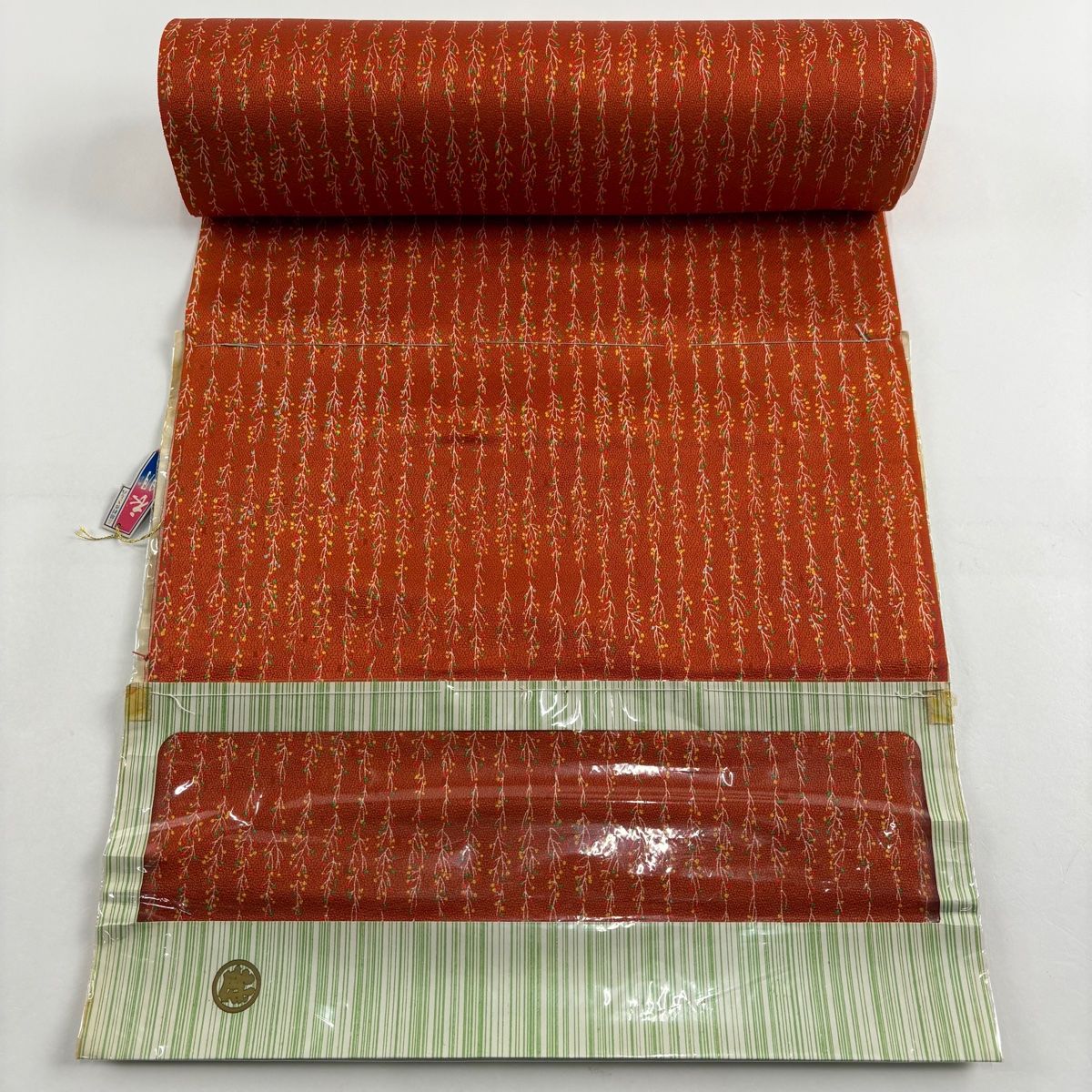 反物 秀品 小紋 葉と実 オレンジ 正絹