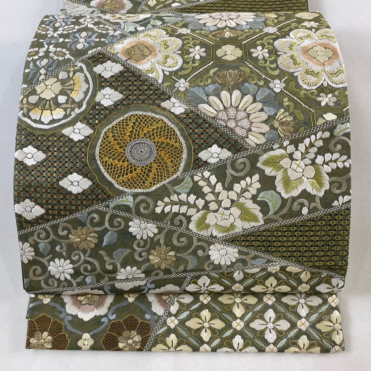 袋帯 美品 逸品 蜀江華文 花唐草 金銀糸 刺繍 灰緑 六通 正絹