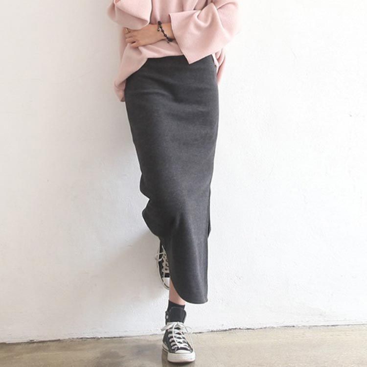 裏起毛スカート タイトカート ロングスカート 裏フリース あったか 秋冬 防寒 暖か 暖 ロング マキシ ミモレ スカート スリット カジュアル 無地 ウエストゴム ボトムス 大きいサイズ Iライン sam505