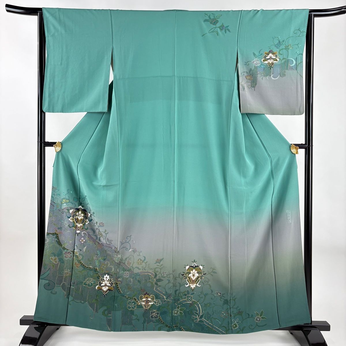 訪問着 身丈160cm 裄丈64cm M 袷 花唐草 悠斗刺繍 金銀糸 青緑 正絹 秀品
