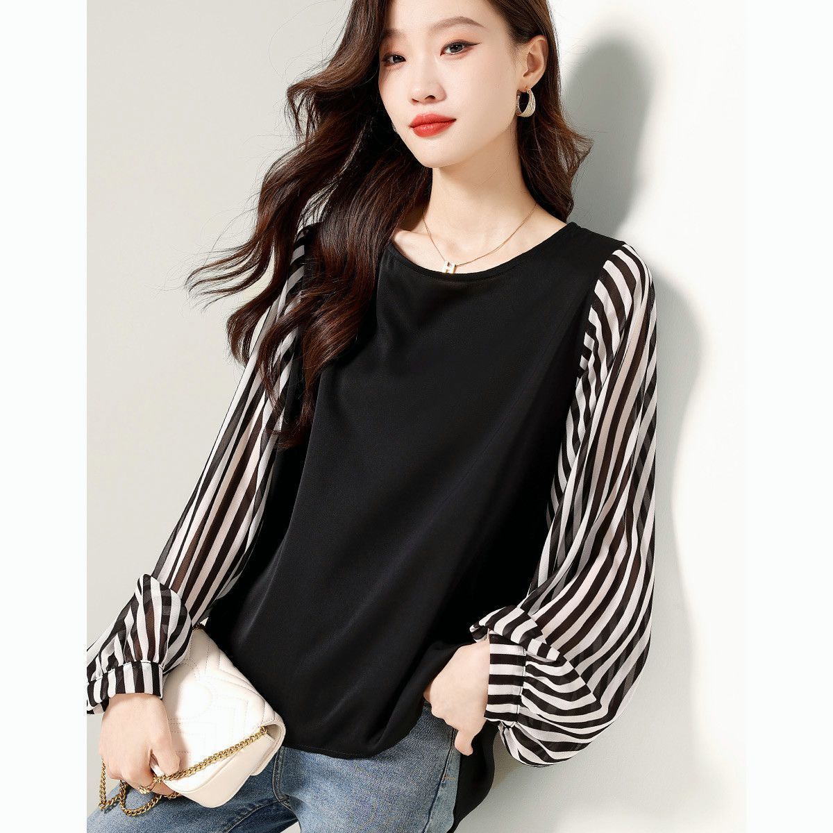 希少 Yves Saint Laurent ブラウス 長袖 シャツ ストライプ フロントタック ストライプブラウス 長袖 レディース(M グレー