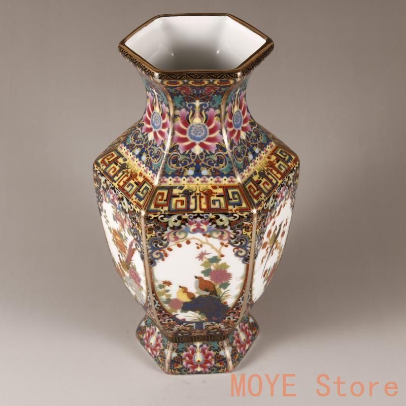 清乾隆琺瑯彩花鳥六方瓶 景徳鎮 陶磁器 装飾品 現代工芸品 美術