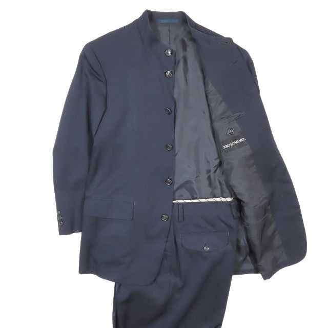 90s ヴィンテージ イッセイミヤケメン Vintage ISSEY MIYAKE MEN マオ スーツ セットアップ ウール スタンド ジャケット ブレザー 紺ブレ スラックス パンツ 1991年 99ss archive M ネイビー