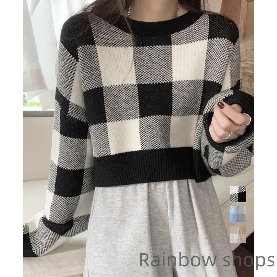 チェック柄ニット ショート丈 長袖ニット VPNg939