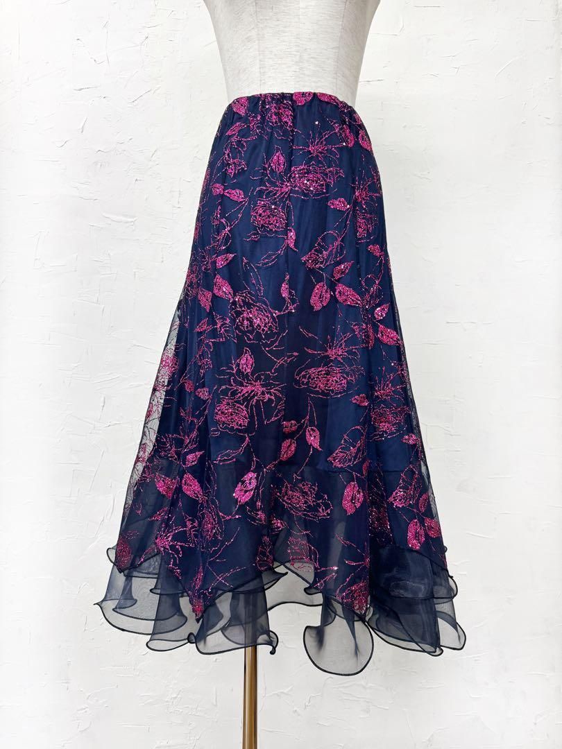 【花柄ラメ】社交ダンス用裾オーガンジー 　ロングフレアスカート紺ピンクｄ026 花柄ラメ】社交ダンス用裾オーガンジー ロングフレアスカート紺ピンクd026