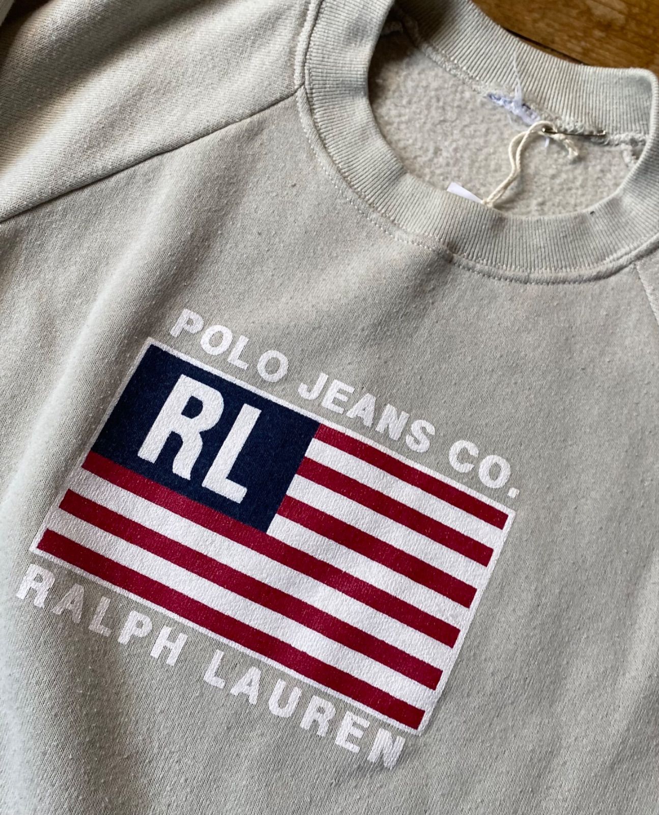 90's  POLO JEANS CO. Ralph Lauren スウェット星条旗古着ラルフローレンポロジーンズトレーナーベージュ