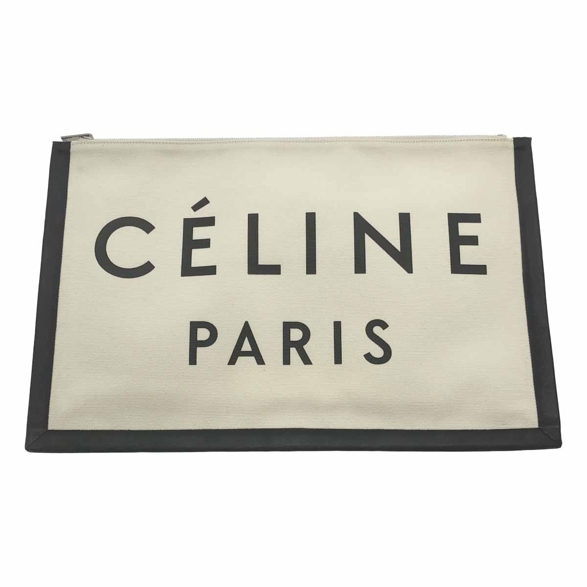 CELINE by Phoebe Philo セリーヌ フィービーファイロ レザートリムロゴプリントキャンバスクラッチバッグ アイボリー