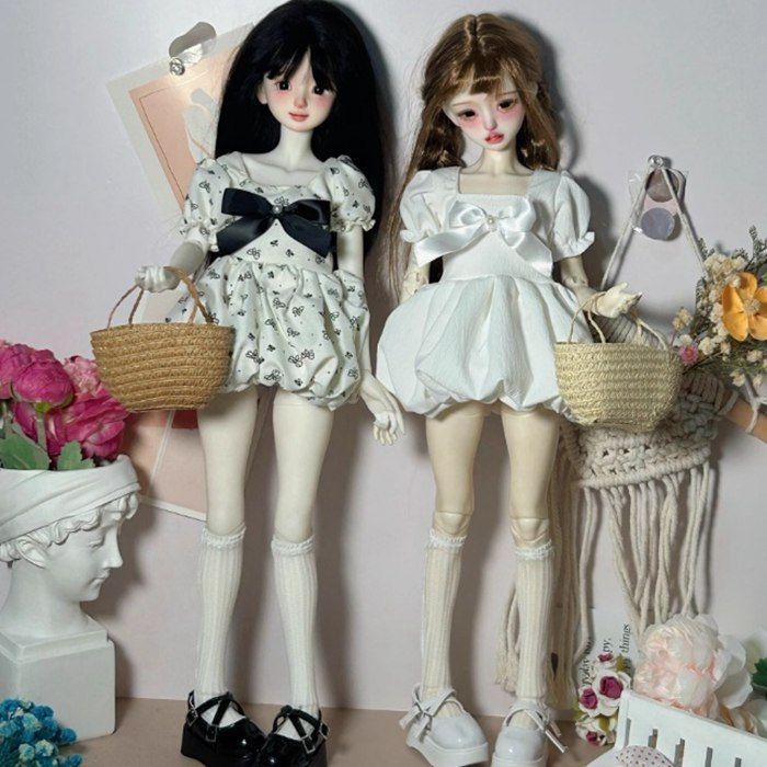 4分 MSD，SDM◆ドレス　リボンワンピース 用 ドレス ワンピース ハンドメイド ホワイトドレス 黒リボン付き