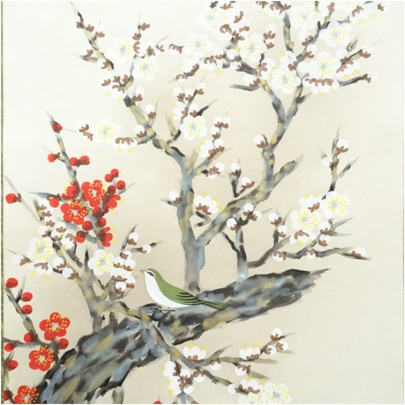 竹林雅雪筆 紅白梅 肉筆絹本掛軸（共箱） 掛け軸 床の間 書 おしゃれ