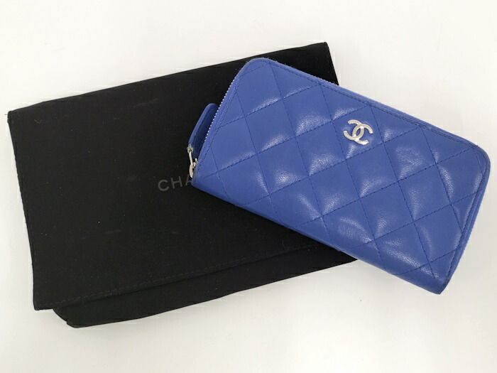 CHANEL ラウンドファスナー コンパクト財布 マトラッセ レザー ブルー  