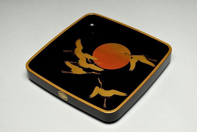 蔵A5051L 輪島慶塚 作 日の出鶴蒔絵 万寿盆 共箱