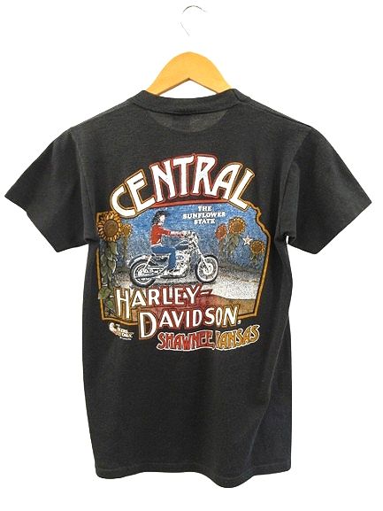 ハーレーダビッドソン HARLEY DAVIDSON 80s 両面プリント Tシャツ イーグル CENTRAL 半袖 ヴィンテージ ブラック S メンズ レディース ハーレーダビッドソン HARLEY DAVIDSON 80s 両面プリント T