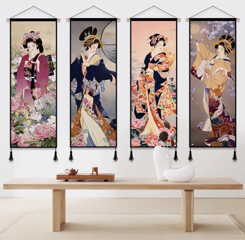 登場 女図布芸掛絵和風背景壁装飾画タペストリー玄関寝室掛布 45*120cm
