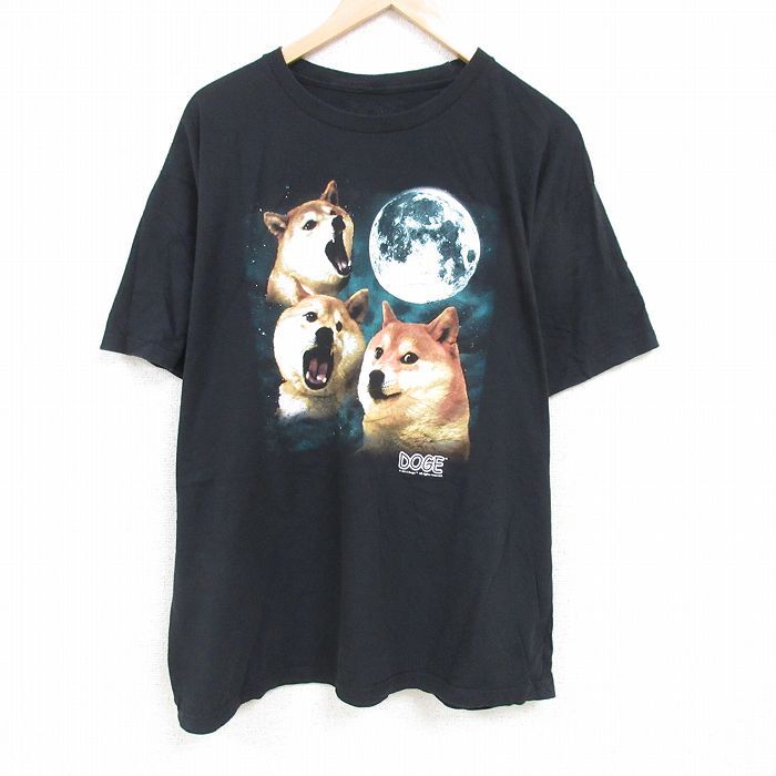 XL/古着 半袖 Tシャツ メンズ ドージコイン 仮想通貨 犬 大きいサイズ コットン クルーネック 黒 ブラック 24aug10 中古