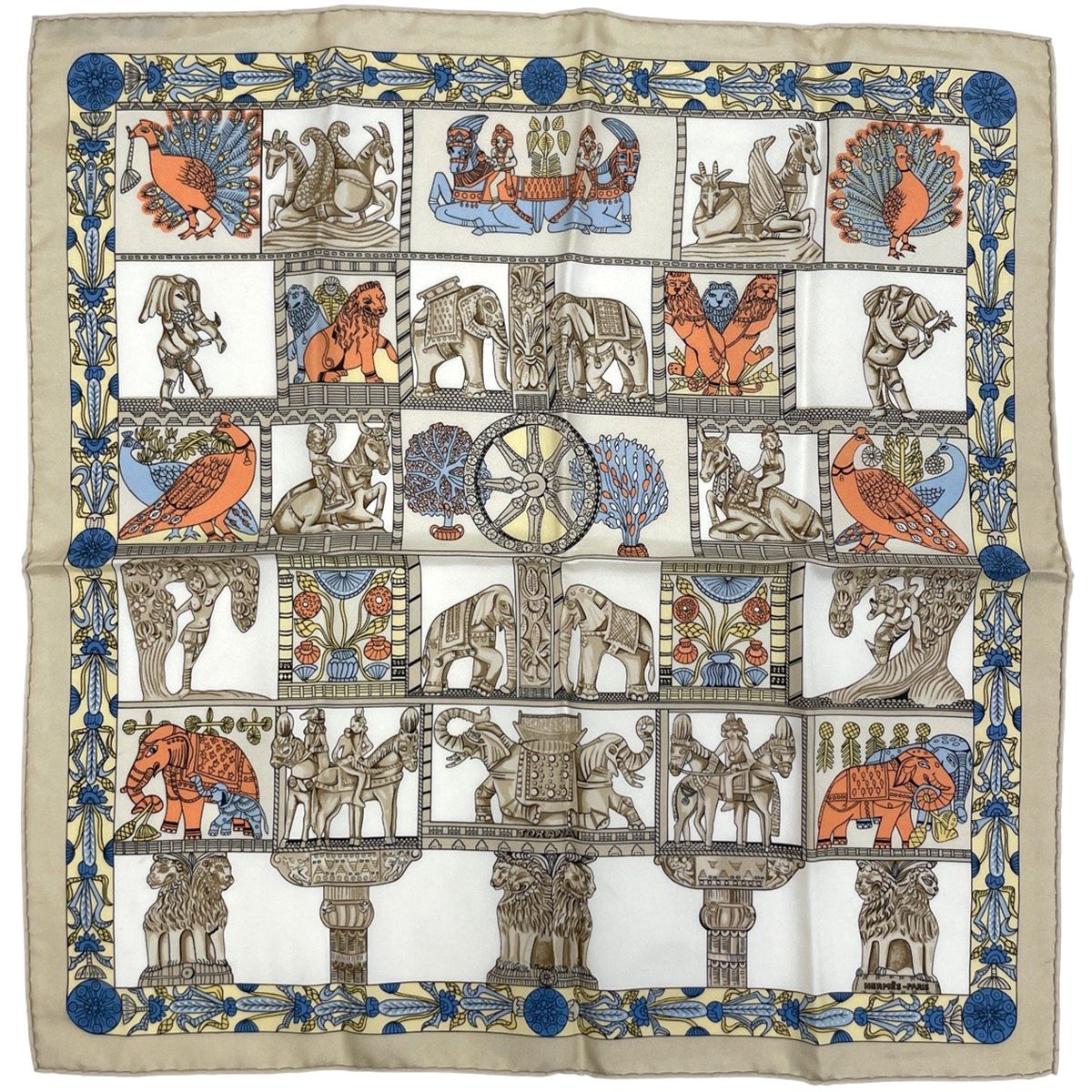 エルメス HERMES プチカレ TORANA 塔門 象 スカーフ シルク ベージュ マルチ レディース