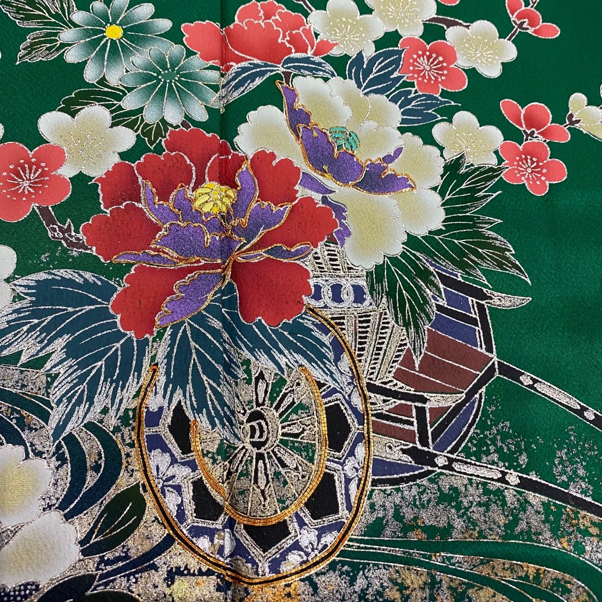 振袖 身丈160cm 裄丈66cm M 袷 花車 流水 金糸 金銀彩 緑 正絹 秀品 NICORILABO_COM