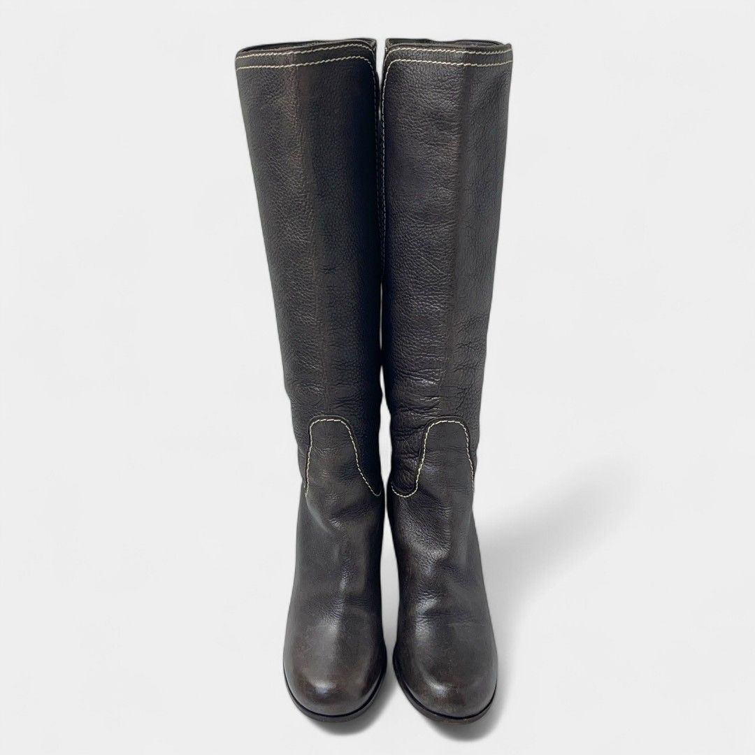 マックスマーラ ロングブーツ ブラウン シボ革 ベルト バックル