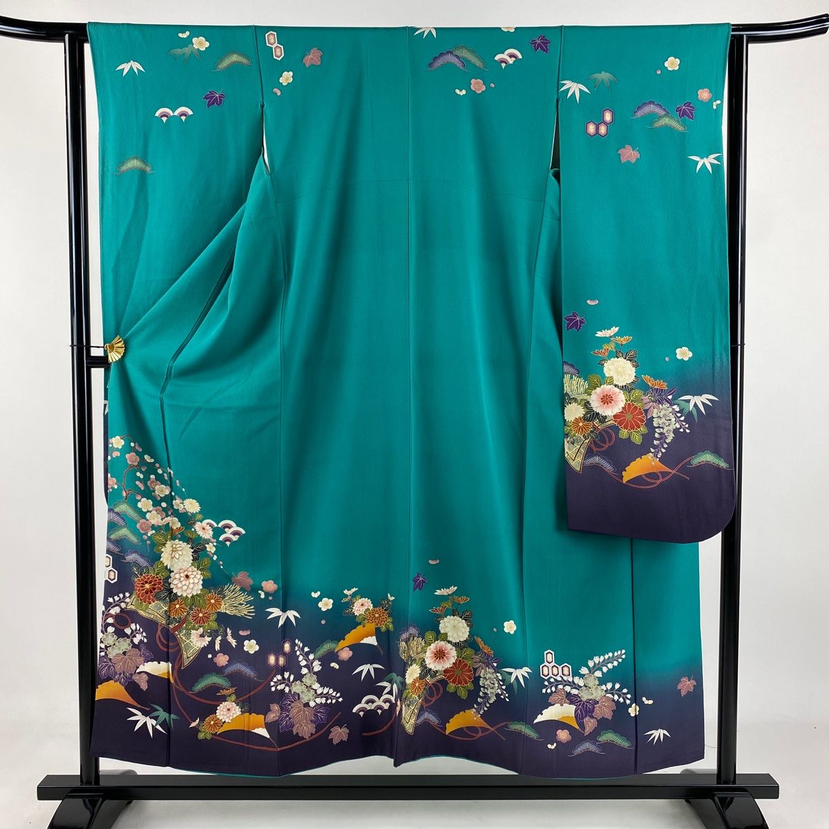 振袖 身丈153cm 裄丈63cm S 袷 松竹梅 菊 金糸 金彩 緑 正絹 秀品