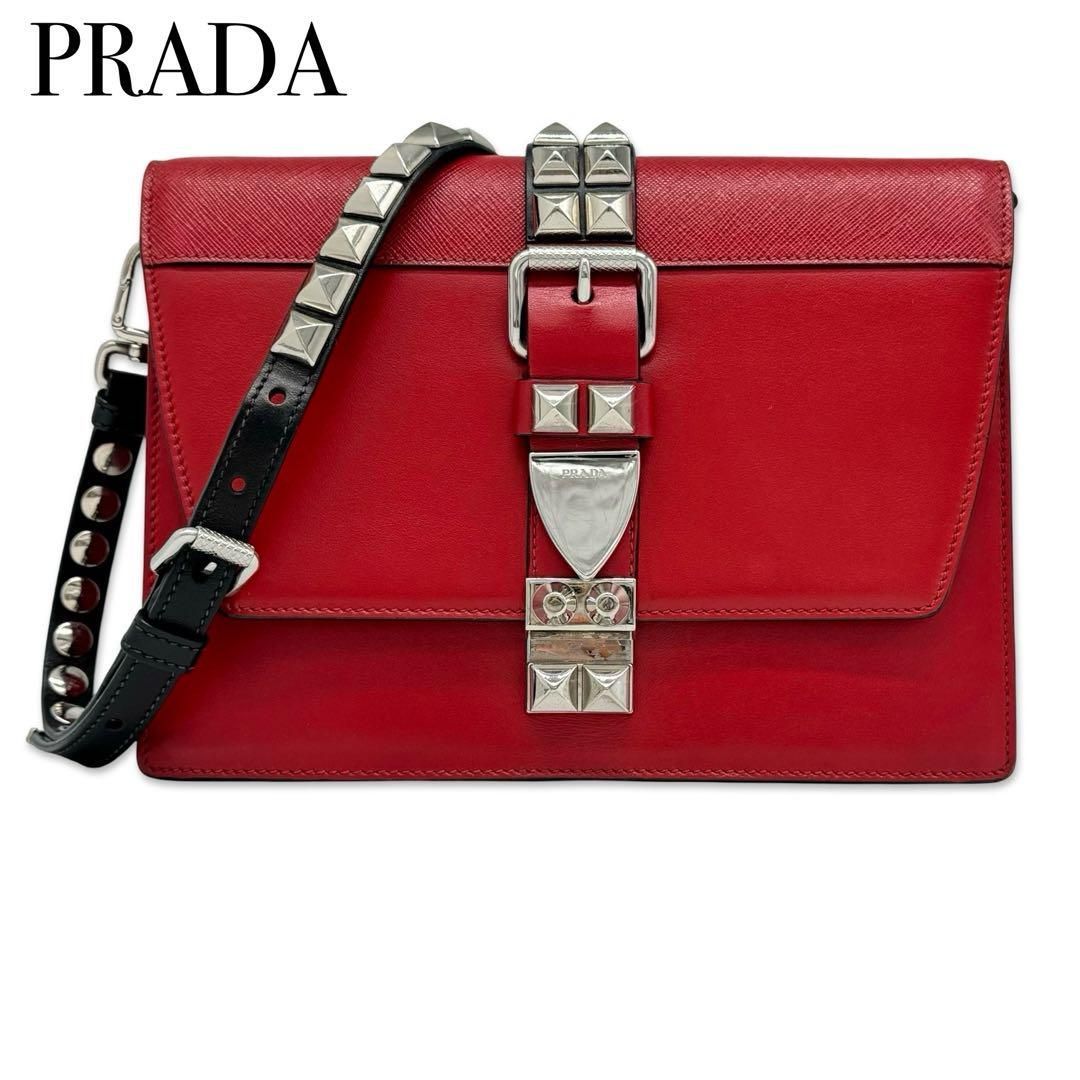 PRADA プラダ スタッズ ショルダーバッグ レッド レザー PRADA プラダ