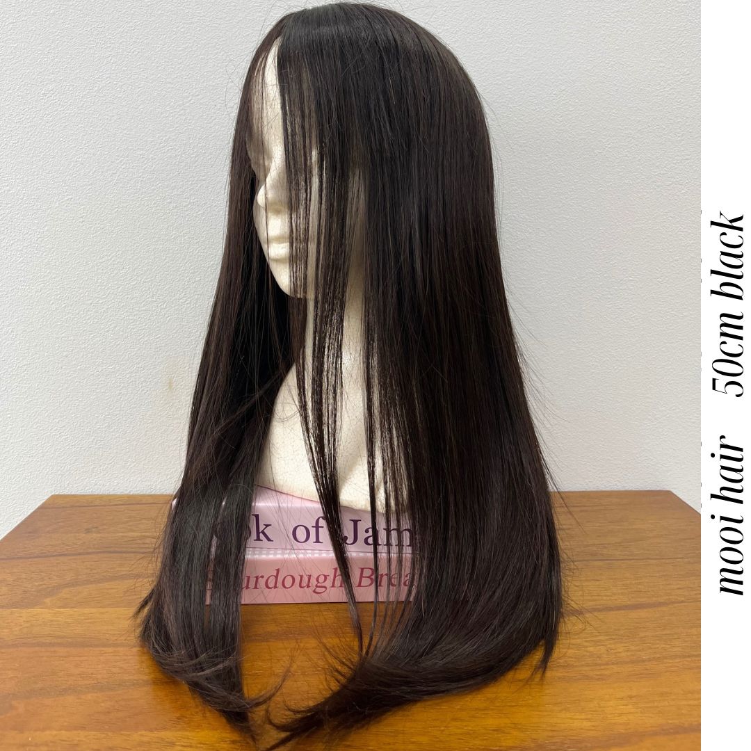 ストレートロングフルウィッグ | レミー人毛 総手植え 50cm ベースMサイズ ブラック 通気性シルクスキン | 軽い | 分け目も自由
