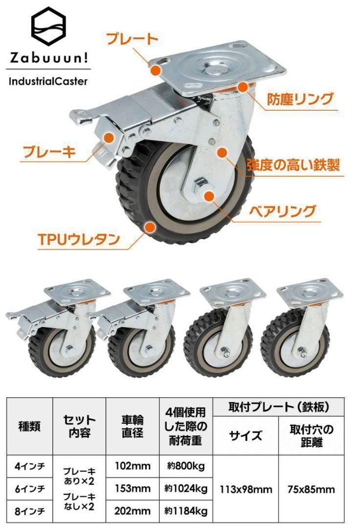産業用キャスター 8インチ 4個 ブレーキ有×2個 ブレーキ無×2個 1785 産業用キャスター 8インチ 4個 ブレーキ有×2個 ブレーキ無×2個 1785