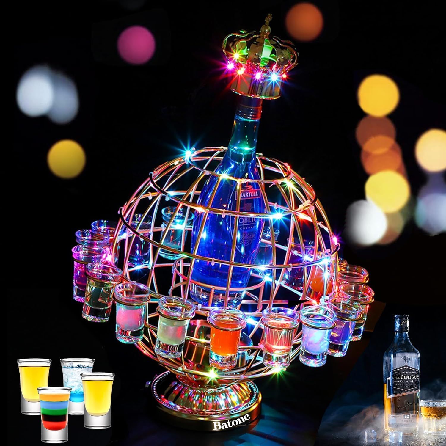 Batoneテキーラ地球儀 回転 LED酒ボトルの表示棚12カップ LED テキーラ 地球ショットグラス カクテルグラスホルダー 酒棚 収納ラック酒器 酒棚 テキーラ観覧車 パーティ 開店祝い 開店 レストラン レストラン ワイングラス掛け