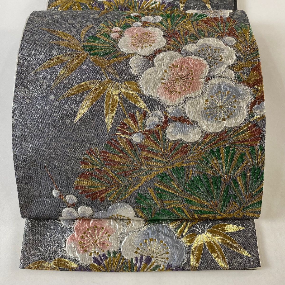 袋帯 美品 秀品 松竹梅 金銀糸 箔 黒灰 六通 正絹 【中古