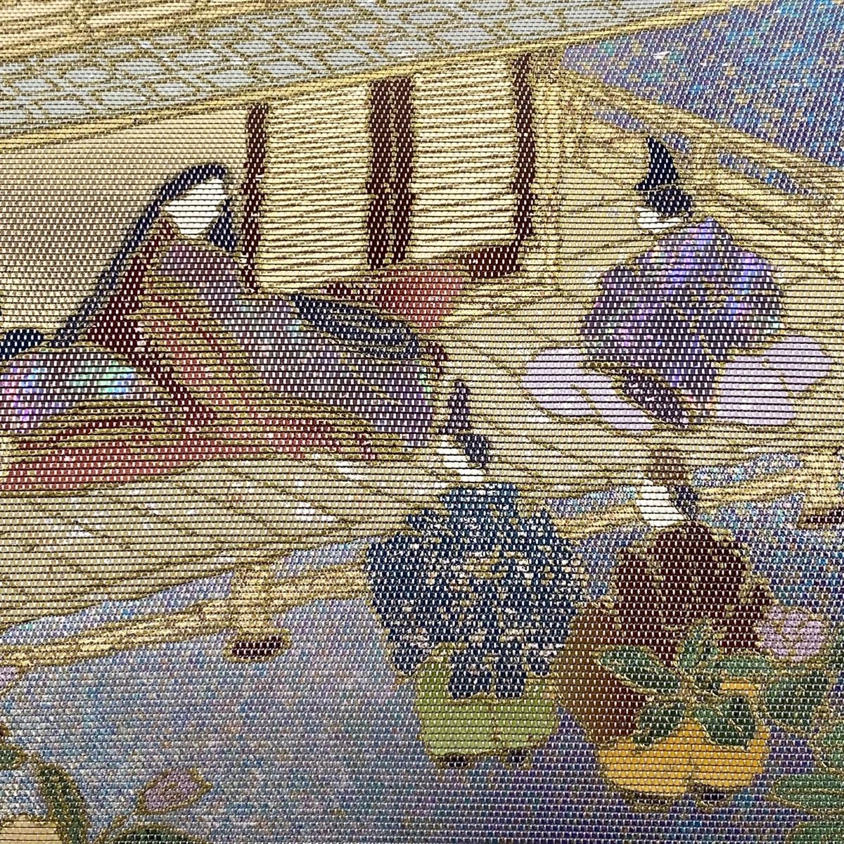 袋帯 美品 名品 夏帯 魚 水草 箔 灰色 お太鼓柄 正絹 中古（魚