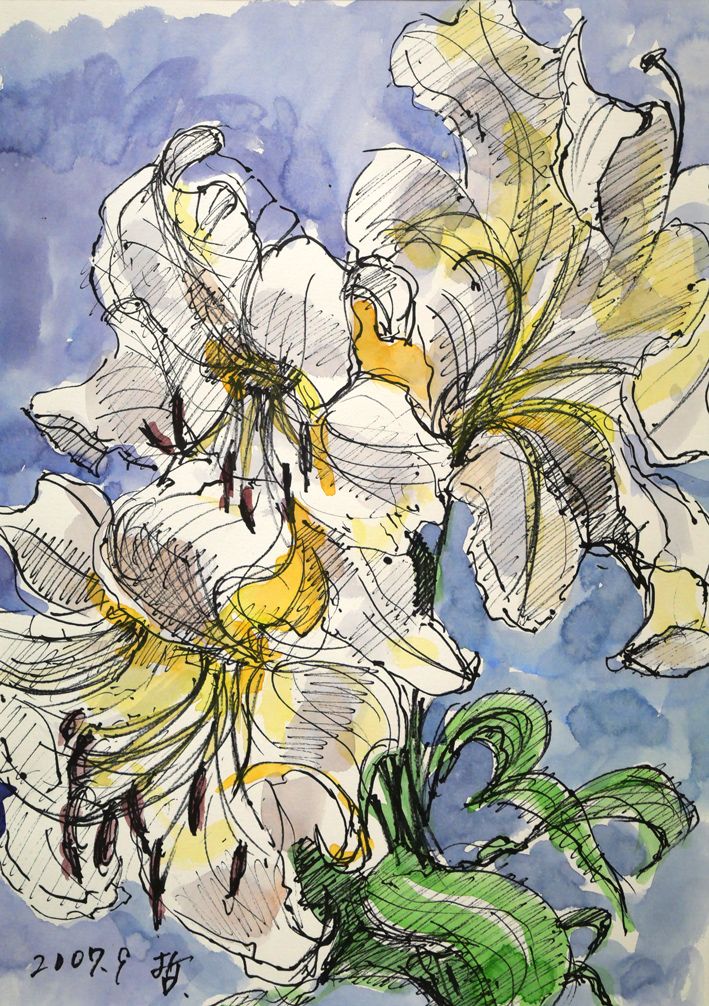 カサブランカ　水彩画 仲平 哲也「カサブランカ」水彩画・4号 純生美術協会会員 旭川の