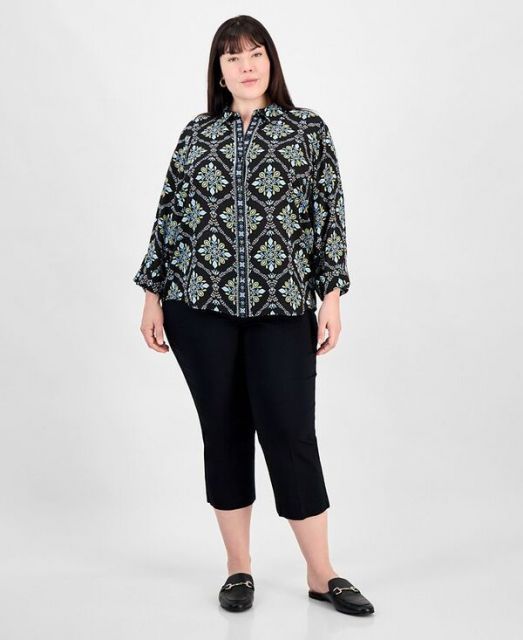 売れ筋商品|||ジェイエムコレクション カットソー トップス レディース Plus Size Embellished-Placket Button-Front Shirt, Exclusively at Macy's Deep Black 送料無料】 ジェイエムコレクション レディース シャツ トップス