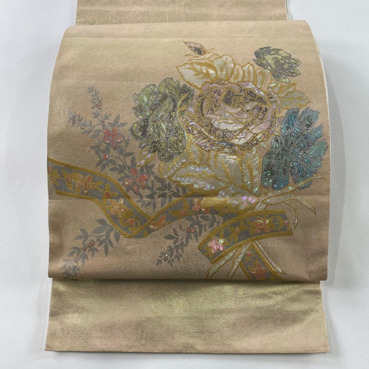 袋帯 名品 川島織物 落款 草花 熨斗 箔 金彩 金色 お太鼓柄 正絹