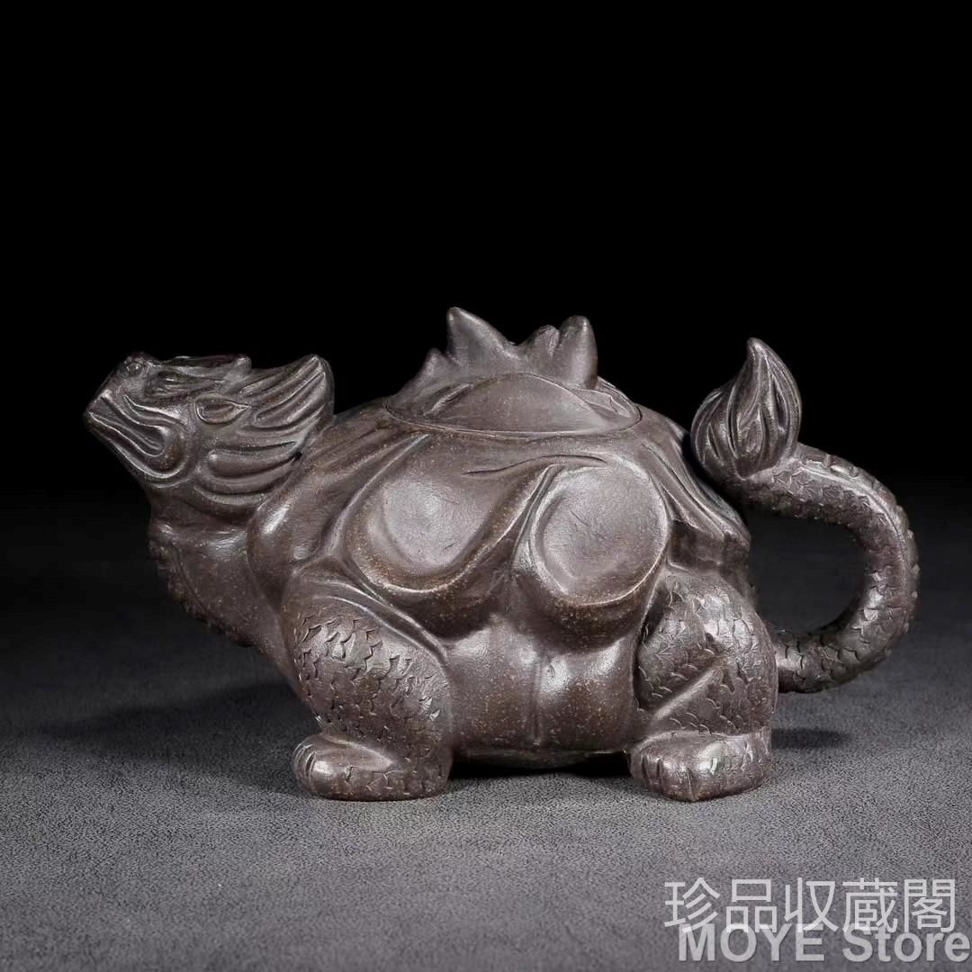 中国古美術 龍亀紫砂壺 底款 陳鳴遠紋 宜興原鉱 黑金剛急須 茶壺 茶道具 置物