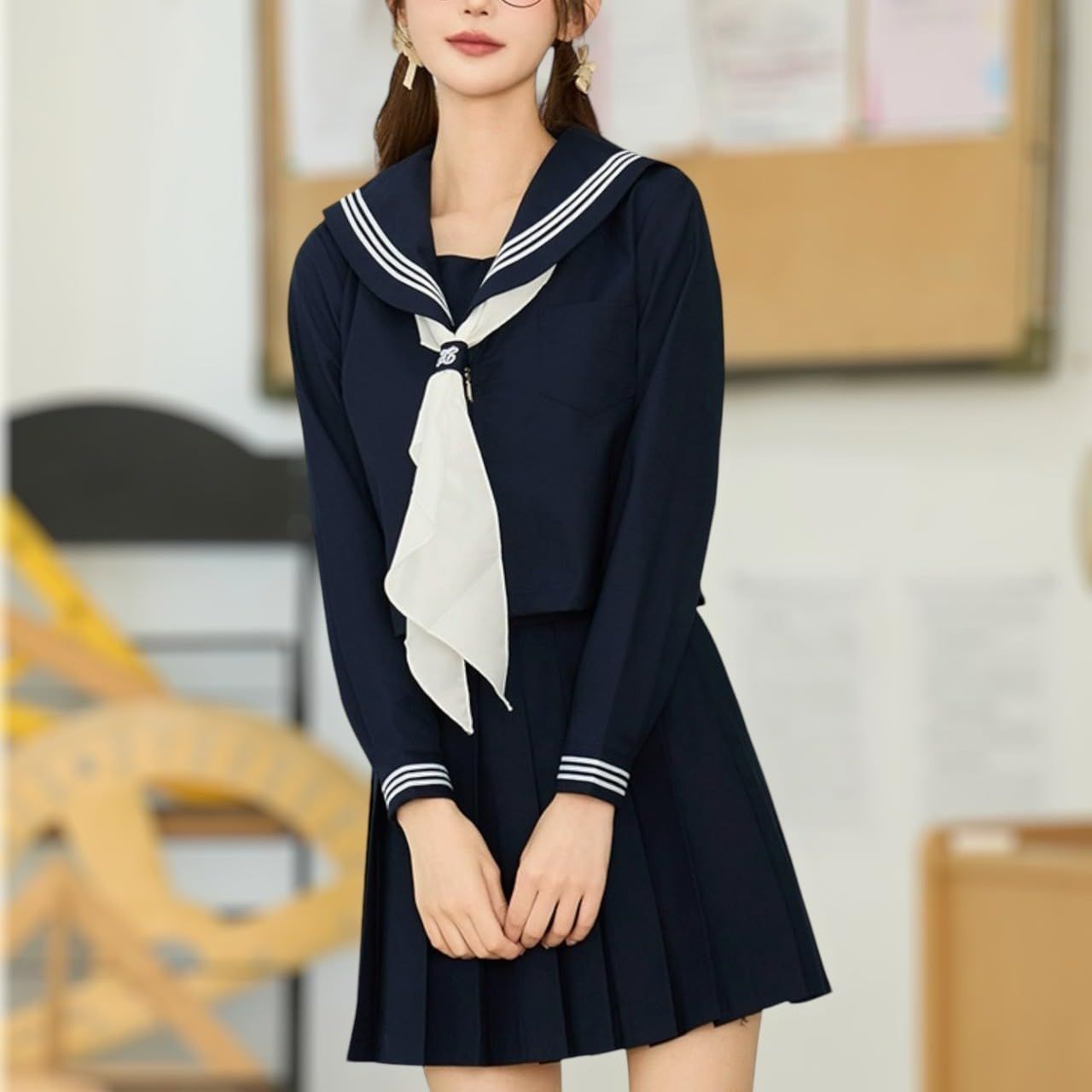 Kanoan] セーラー服 長袖 紺色 ネイビー 白 3本ライン 学生服