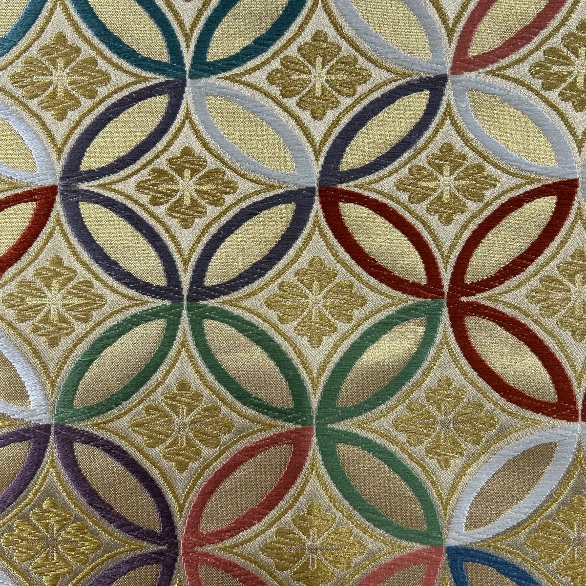 袋帯 名品 七宝繋ぎ 花 唐織 金糸 金色 六通 正絹 【中古