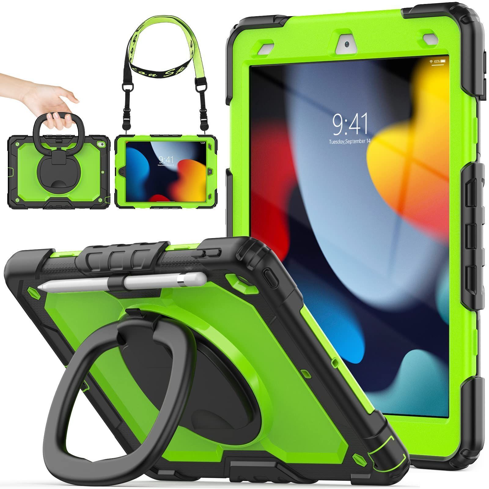 SEYMAC stock iPadケース 第9|8|7世代 リングハンドル耐衝撃ケース 10.2インチ ペン収納 ショルダーストラップ フィルム付きフレーム グリーン ブラック