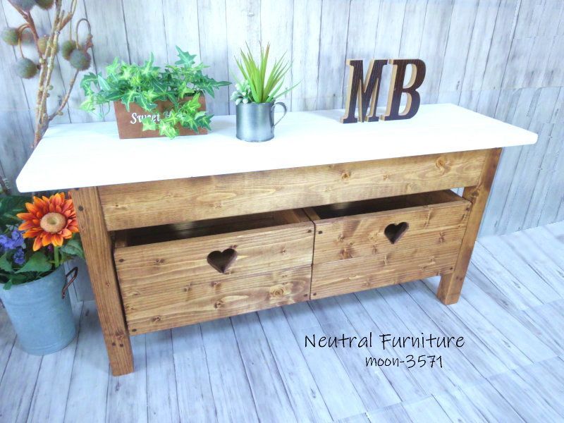 ハンドメイド 2人掛けベンチ ハートボックス ホワイト✕チーク色