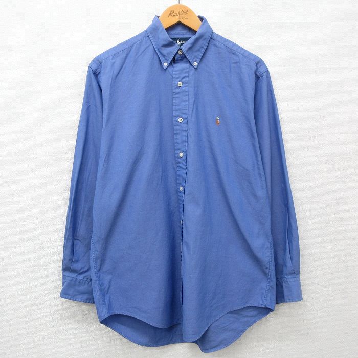 XL/古着 ラルフローレン 長袖 ブランド シャツ メンズ 90s ワンポイントロゴ YARMOUTH コットン ボタンダウン 薄紺 ネイビー 24apr25 中古 