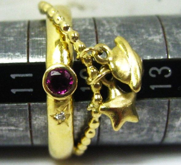 K18 18金リング指輪ルビー0.174ctダイヤ0.01ct星と土星ぶら下がり  