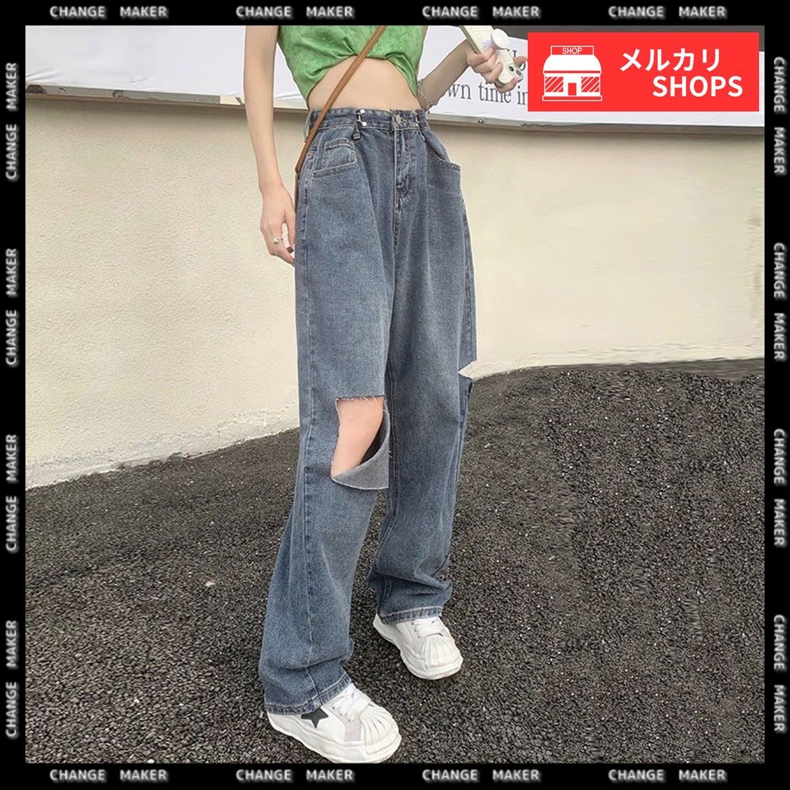 ワイドパンツ デニム ジーパン Gパン ダメージ加工 韓国 M~XL andme ジーンズ デニム デニムパンツ ダメージ加工ワイドデニム