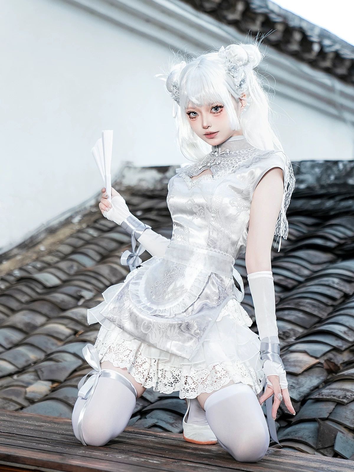 シルバー チャイナ風 ドレス ミニスカート ホワイト 白 サブカル 服 リボン ガーリー系 ドレス ロリータ ロリィタ ハロウィン