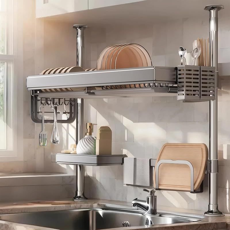 水切りラック シンク上 ステンレス鋼 炭素鋼製 伸縮 キッチン ラック かご 調整 台所 大容量 省スペース 太径支柱で 30kg 強力承重 分解洗浄容易 窓際 キッチン全域で使える 収納 ワンポイント収納で台面上スペースを有効活 単層 幅 7 1