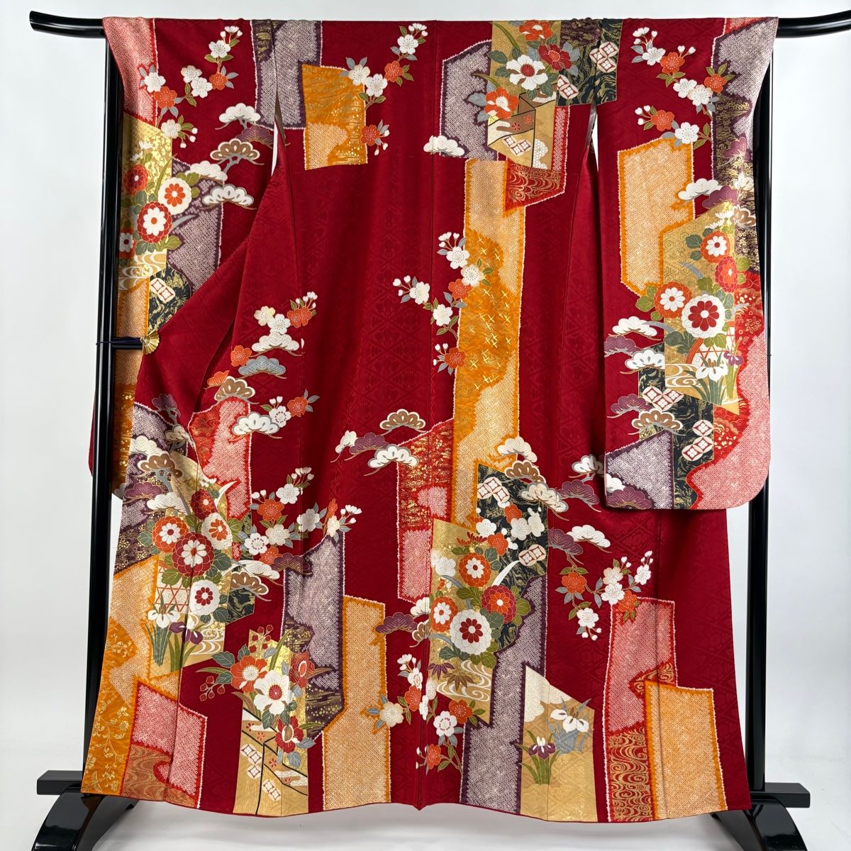 振袖 身丈160.5cm 裄丈68cm L 袷 草花 流水 金糸 金彩 赤 正絹 秀品