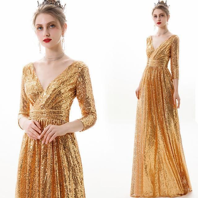 金色 スパンコール ドレス Vネック 7分袖 イブニングドレス Aライン ロングドレス 発表会ドレス ステージ衣装 演出服 パーティードレス  hab