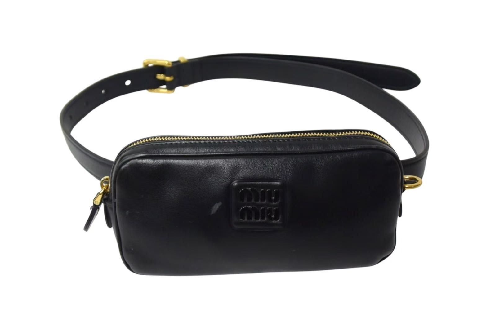 MIUMIU ミュウミュウ レザー ロゴ ベルトバッグ ブラック ウエストバッグ ゴールド金具 4b000249