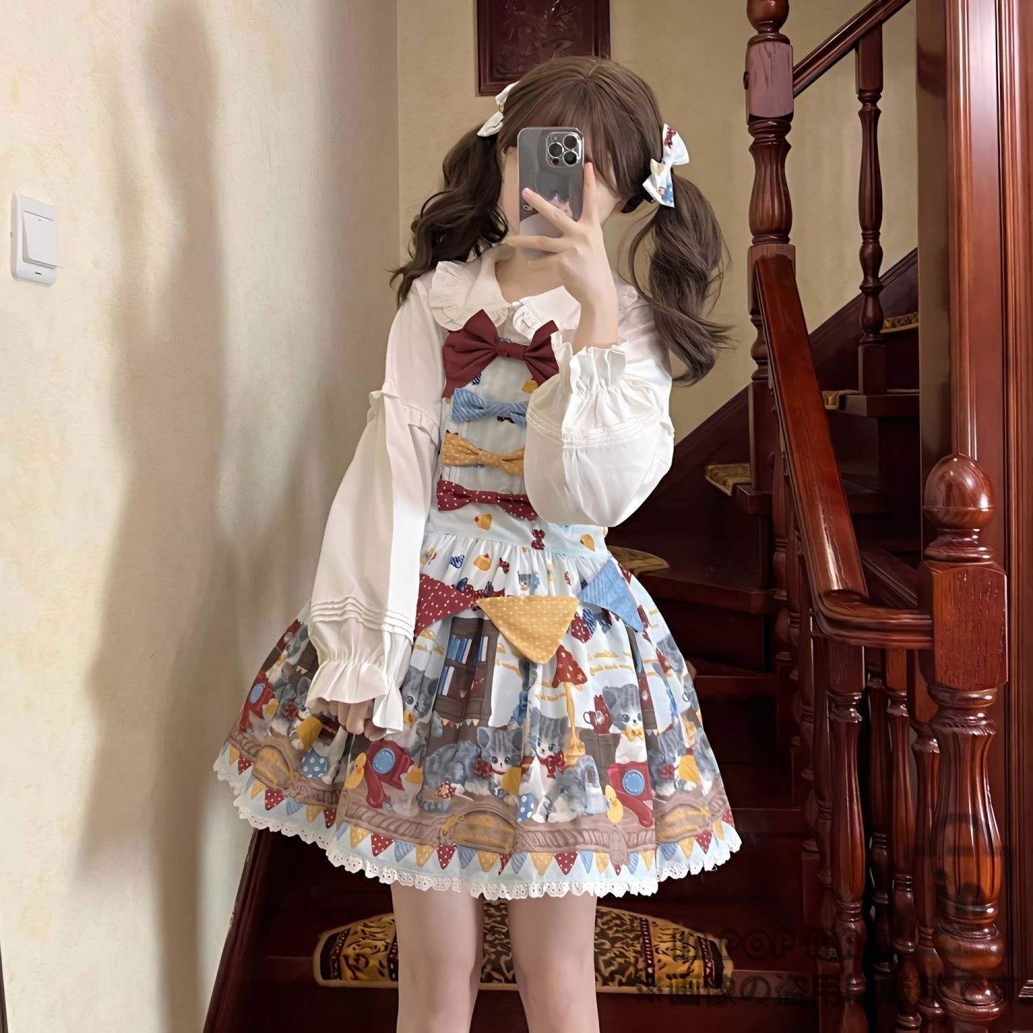 ロリータワンピース フリル レース 長袖 シフォン Aライン 姫系