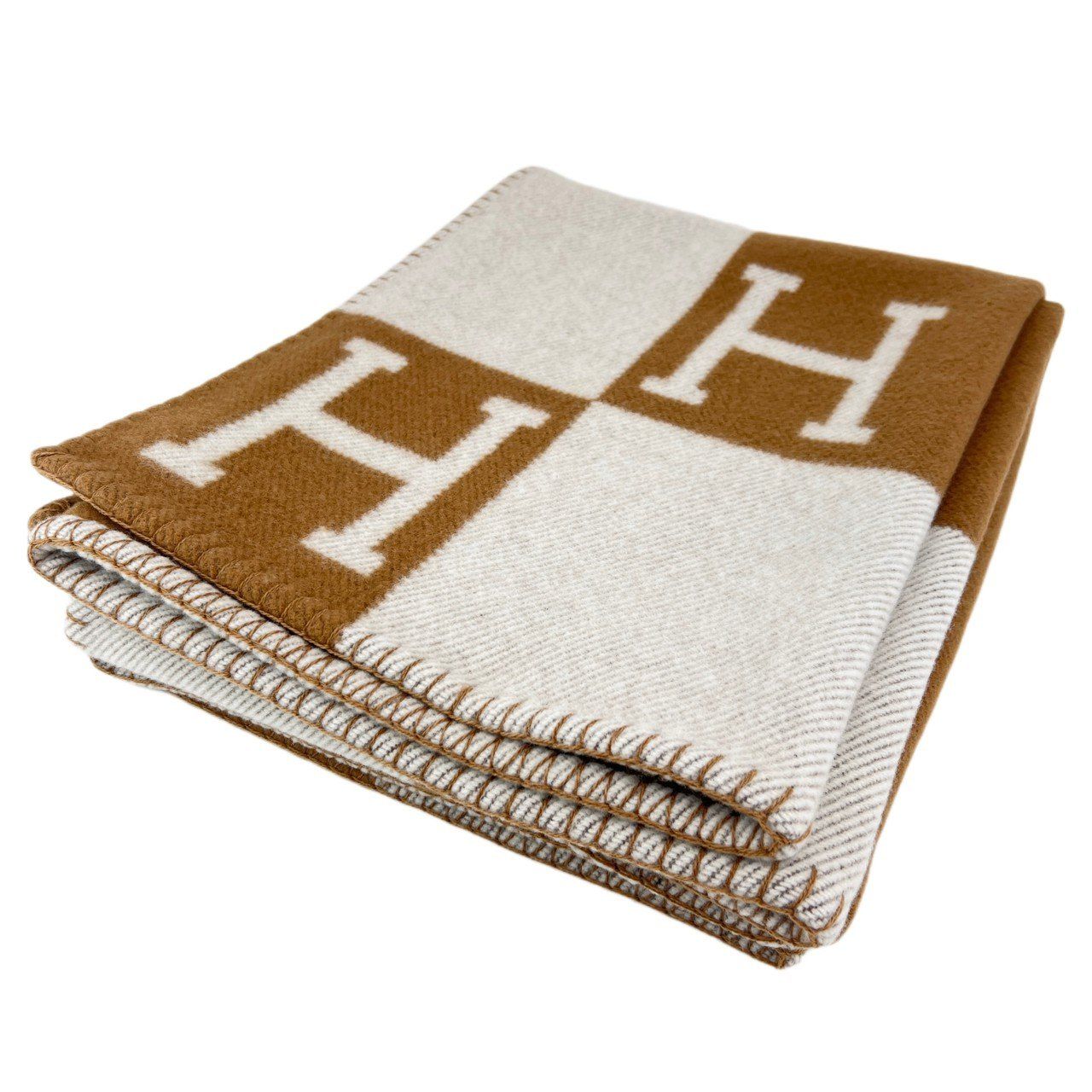 ♥ Hermès エルメス Jeté de canapé Avalon プレード アヴァロン メリノウール 90% カシミヤ 10% Ecru|Camel エクリュ|キャメル